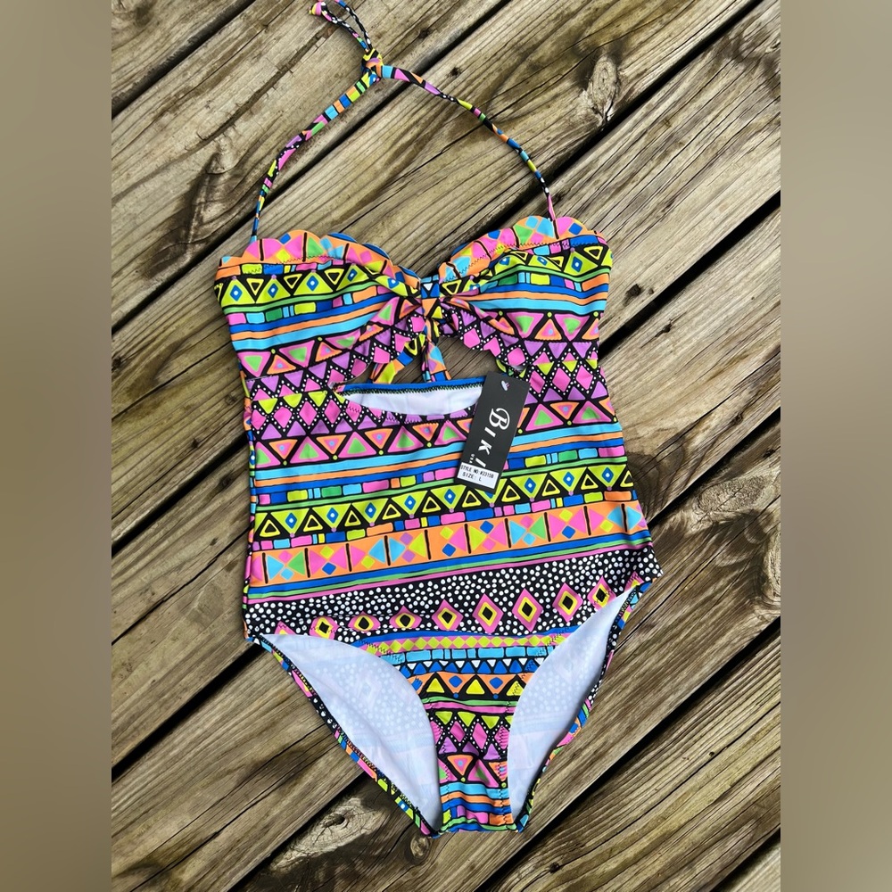 Tribal One Piece Swim Suit Colorful Aztec Peruvian 80s Retro Sz L Beach Summer